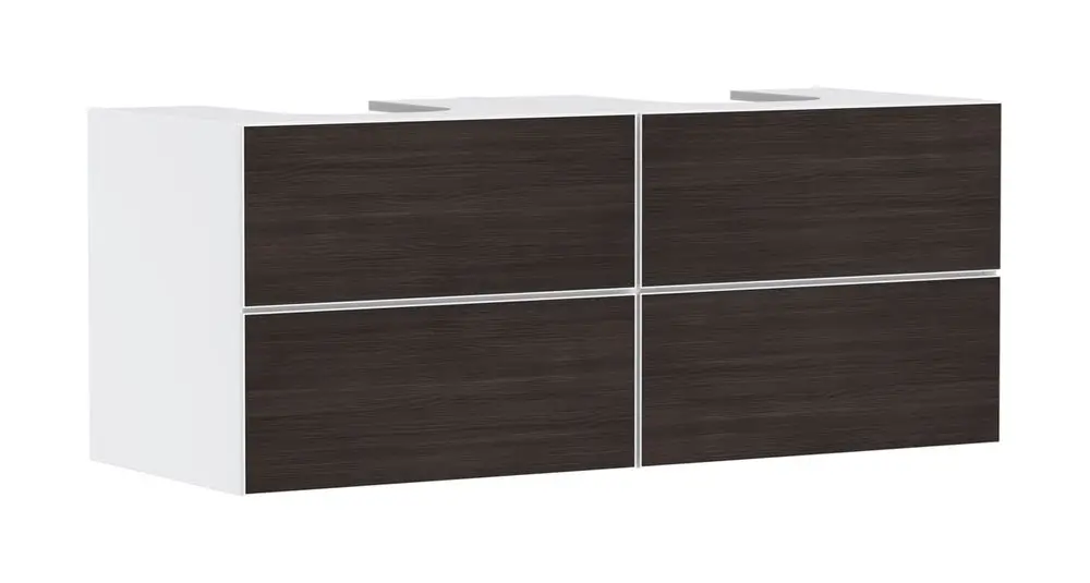 Waschtischunterschrank in Mattweiß mit vier Schubkästen. Das Produkt von Hansgrohe eignet sich für zwei Aufsatzwaschtische und hat eine klare, funktionale Gestaltung.